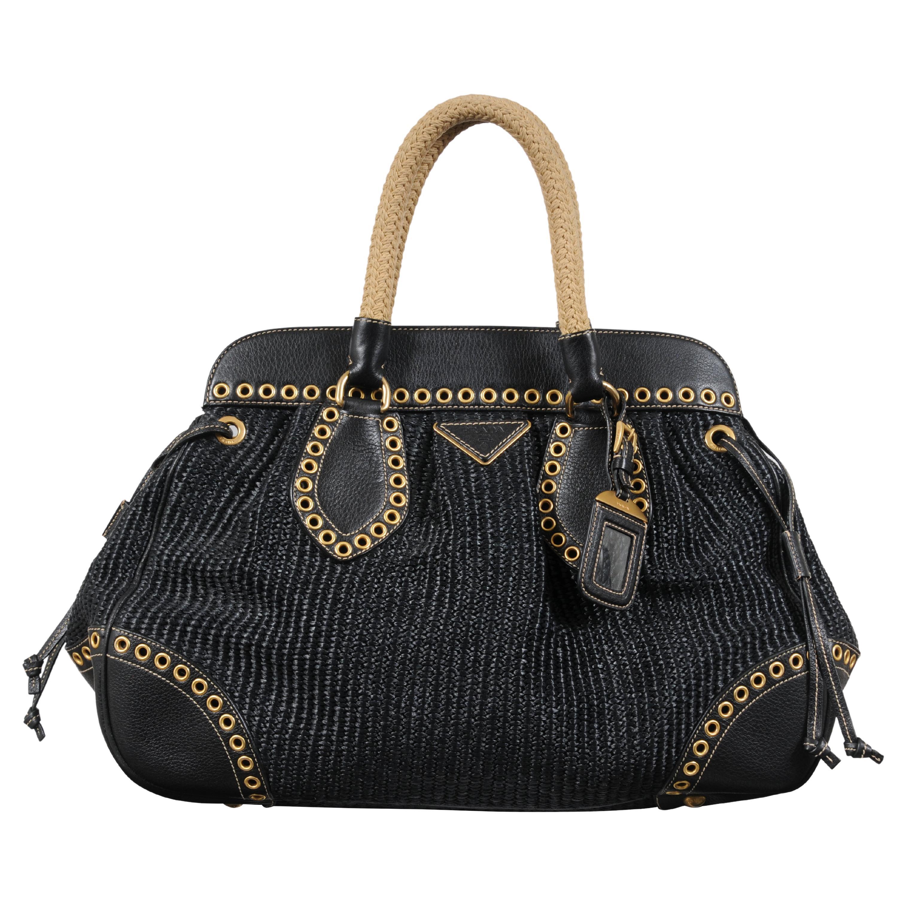Prada Donna Paglia Vitello Daino Frame Borsa a tracolla Satchel Nero Tessuto Rafia in vendita