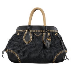 Prada Donna Paglia Vitello Daino Frame Borsa a tracolla Satchel Nero Tessuto Rafia