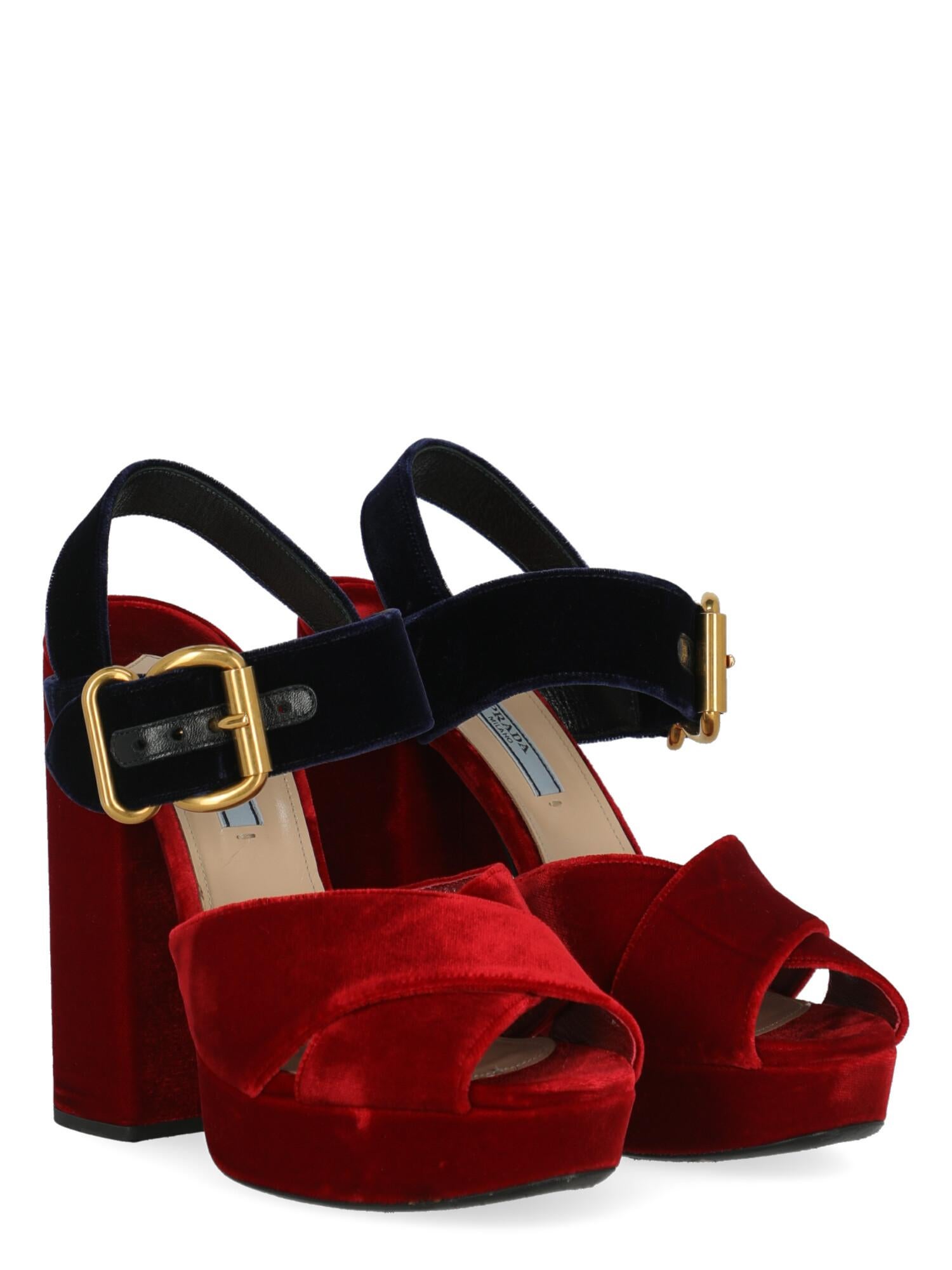 Product Description: Shoe, fabric, solid color, velvet, buckle fastening, gold-tone hardware, open toe, branded insole, non-slip sole, block heel, high heel

Includes:
- Dust bag

Product Condition: Very Good
Heel: negligible marks. Sole: visible