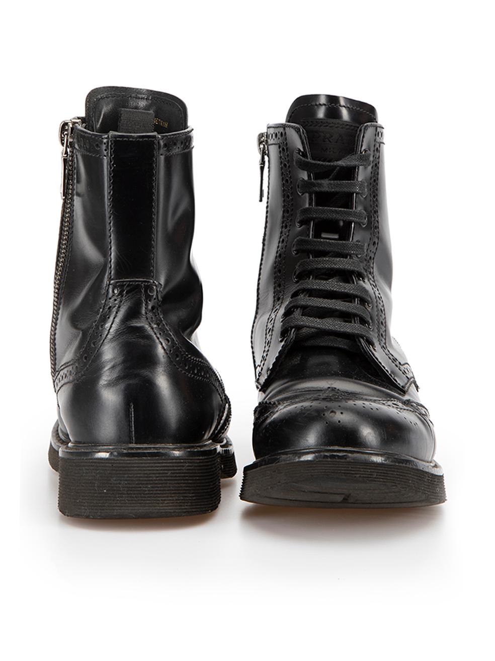 Prada Women's Black Laser Cut Leather Combat Boots In Good Condition In London, GB
