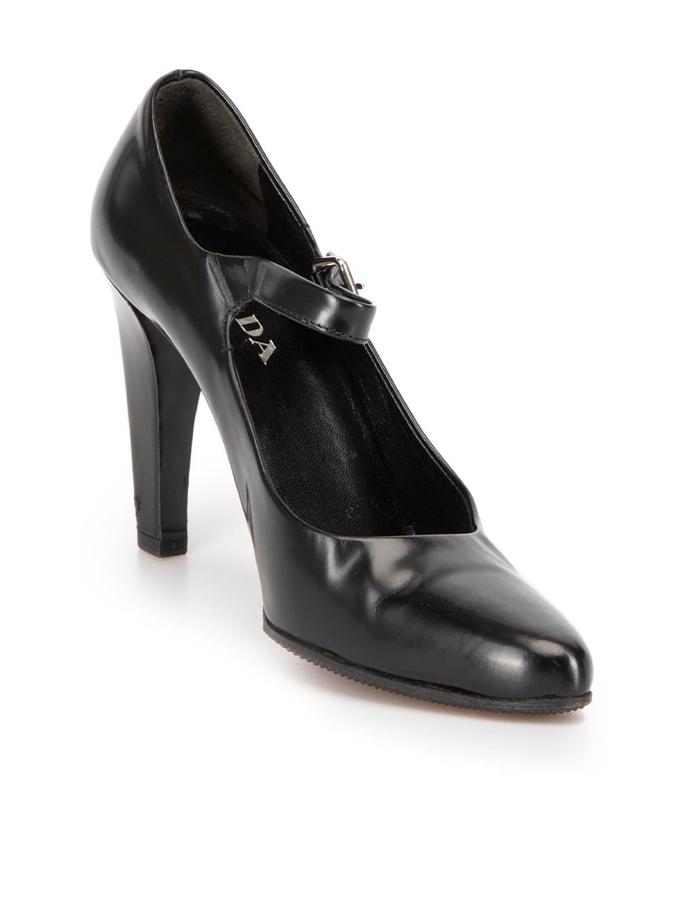 CONDITION is Very good. Minimal wear to shoes is evident. Minimal wear to left shoe heel-stem and the side of the right shoe with dents to the leather on this used Prada designer resale item. 
 
 Details
  Black
 Leather
 Mary Jane heels
 Pointed