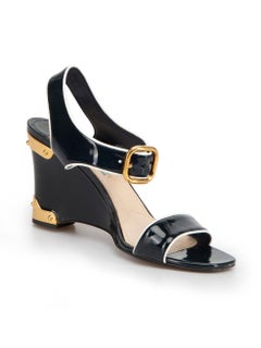 Prada Women's Black Patent Leather Stud Wedge Sandals