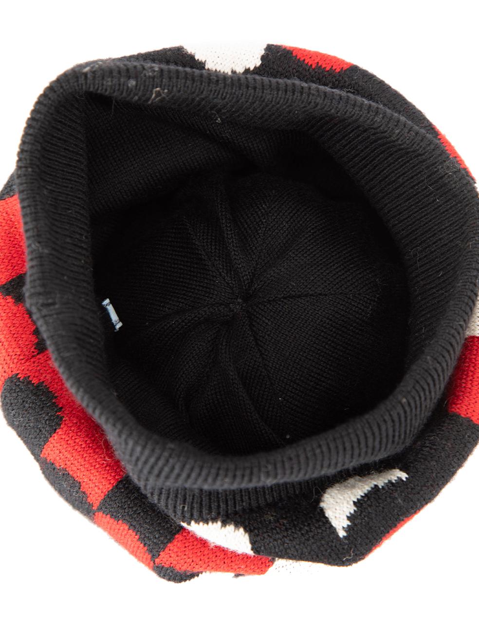 Prada Women's Black & Red Patterned Fur Pom Pom Beanie In Good Condition For Sale In London, GB