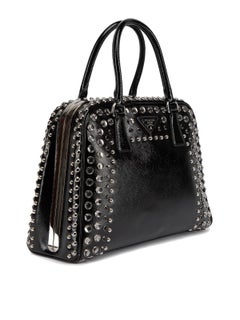 Prada Women's Black Saffiano Patent Leather Studded Pyramid Frame Satchel