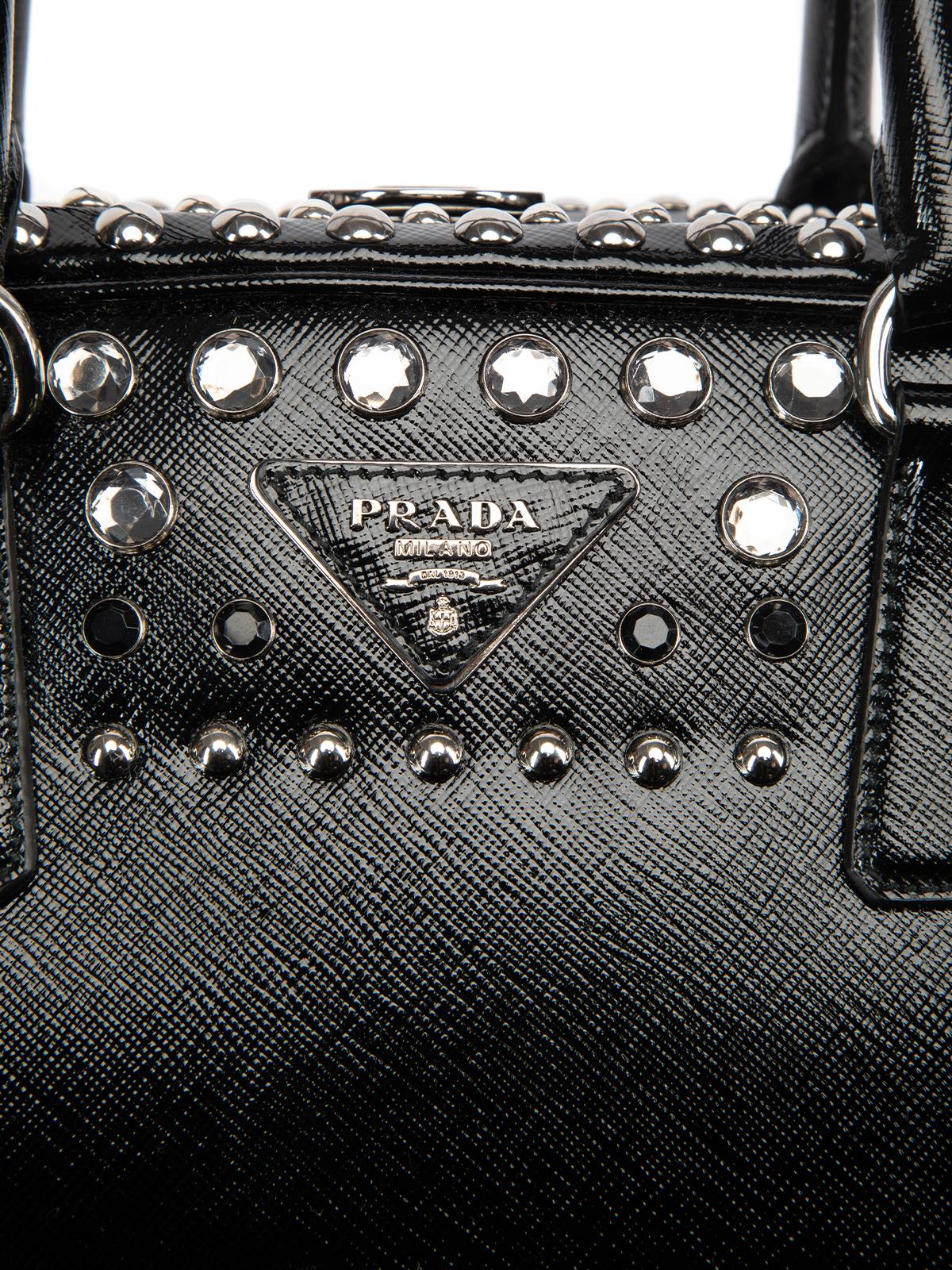 Prada Women's Black Saffiano Patent Leather Studded Pyramid Frame Satchel In New Condition In London, GB