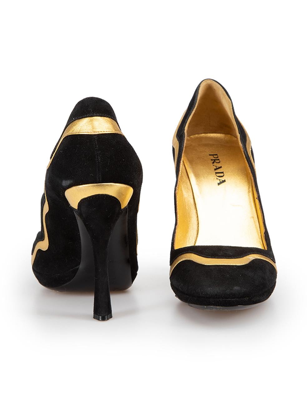 Prada Women's Black Suede Gold Accent Cuffed Pumps In Good Condition For Sale In London, GB