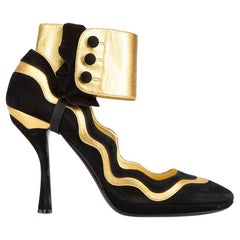 Used Prada Women's Black Suede Gold Accent Cuffed Pumps