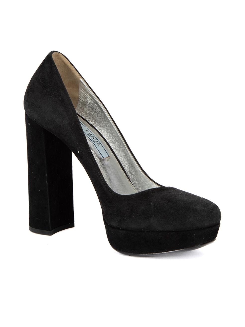 CONDITION is Good. General wear to shoes is evident. Overall wear to suede material and scuffs to heel stems, especially on the right shoe, can be seen on this used Prada designer resale item.   Details  Black Suede Slip on heels Round toe Platform