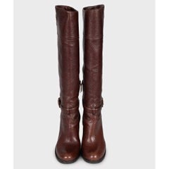 Prada Women's Brown Leather Logo Boots EU 37 Block Heel Side Zip