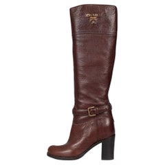 Prada Women's Brown Leather Logo Boots EU 37 Block Heel Side Zip