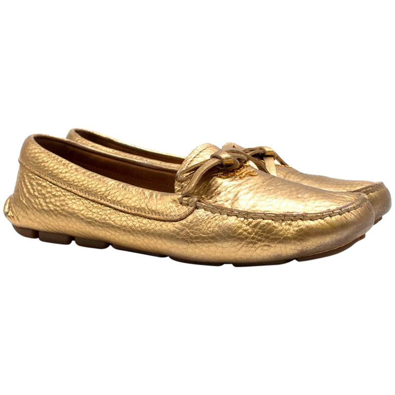 Prada Women's Gold Leather Loafers 37 