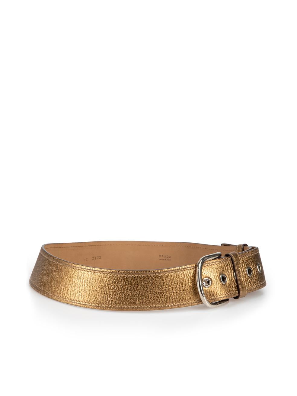 CONDITION is Very good. Hardly any visible wear to belt is evident on this used Prada designer resale item.



Details


Metallic gold

Leather

Wide belt

Silver tone hardware



 

Made in Italy 

 

Composition

EXTERIOR: Leather

 

Size &