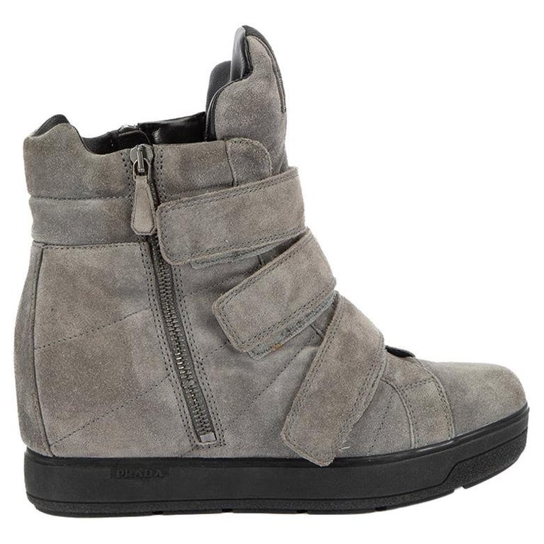 Prada Women's Grey Suede Wedge Trainers For Sale at 1stDibs