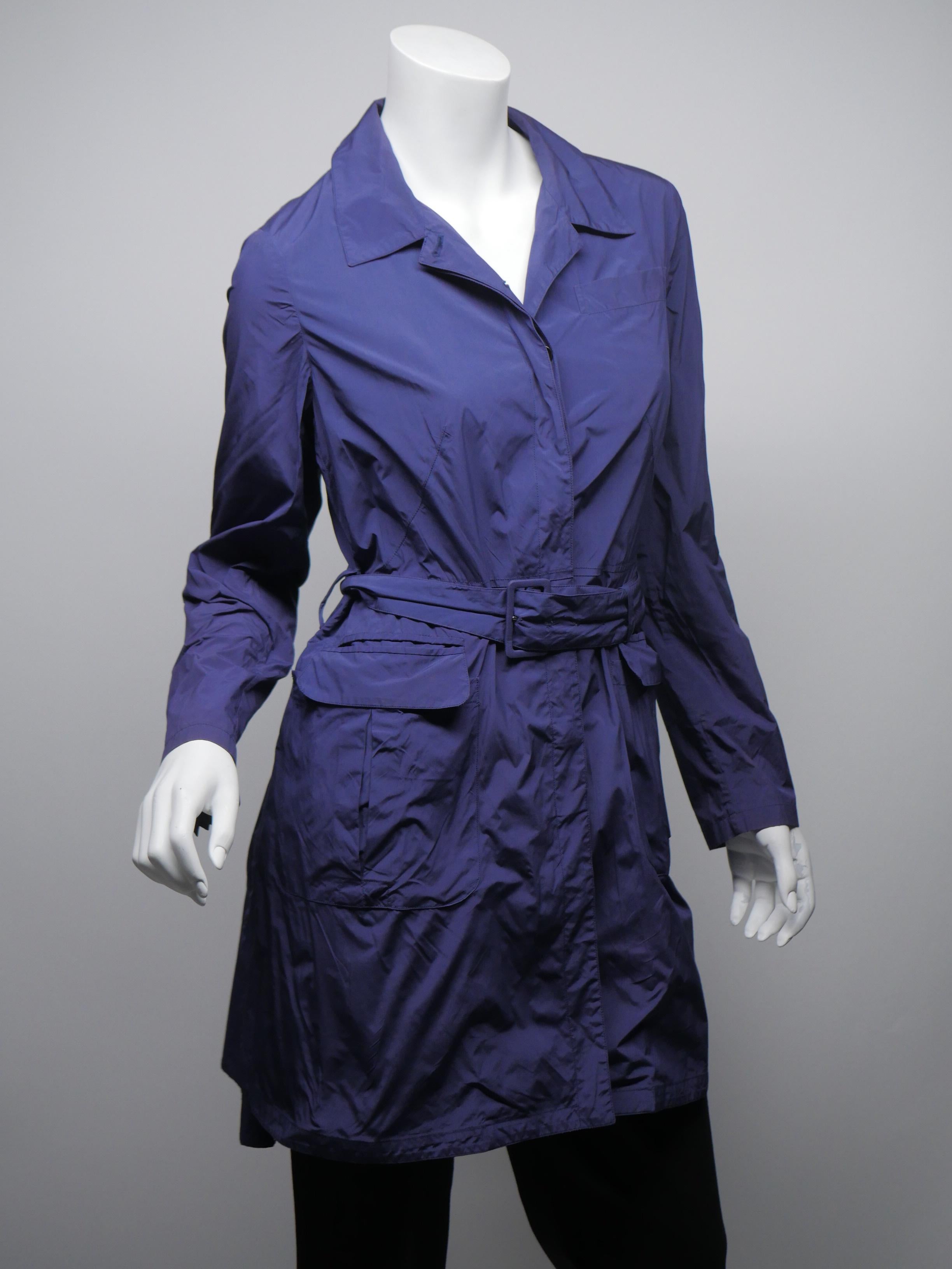 Prada Women's Size 44 Blue Button Down Long Raincoat w/ Belt 3