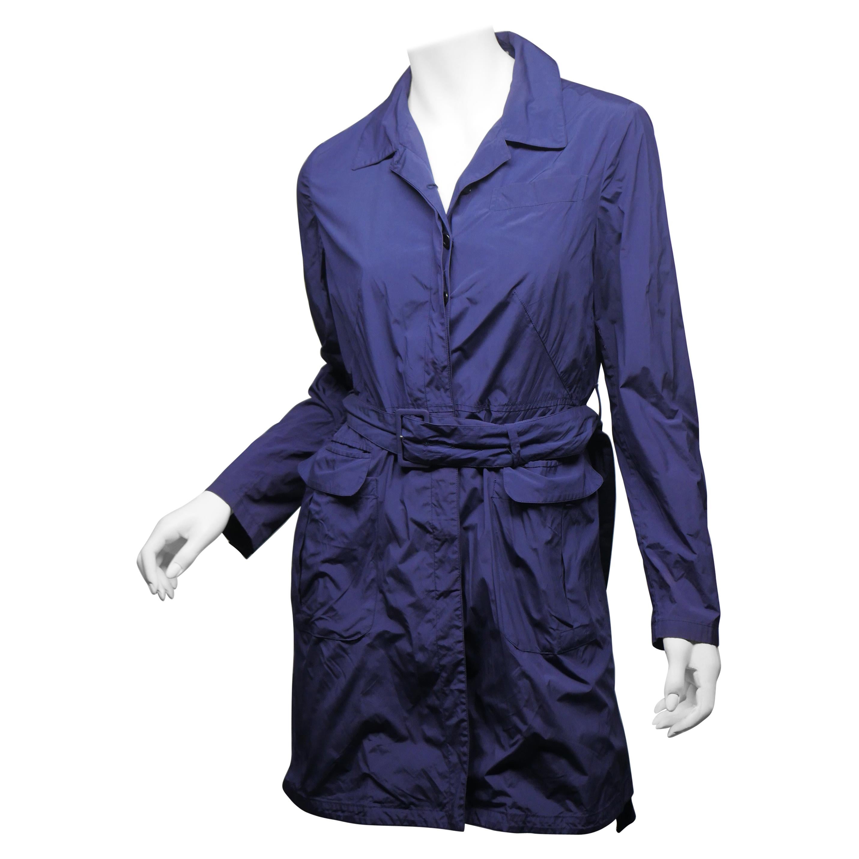 Prada Women's Size 44 Blue Button Down Long Raincoat w/ Belt