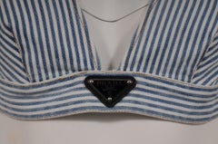 Prada Womens Striped Denim Top Bralette Bra Size M Logo Plaque White Blue