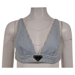 Prada Womens Striped Denim Top Bralette Bra Size M Logo Plaque White Blue