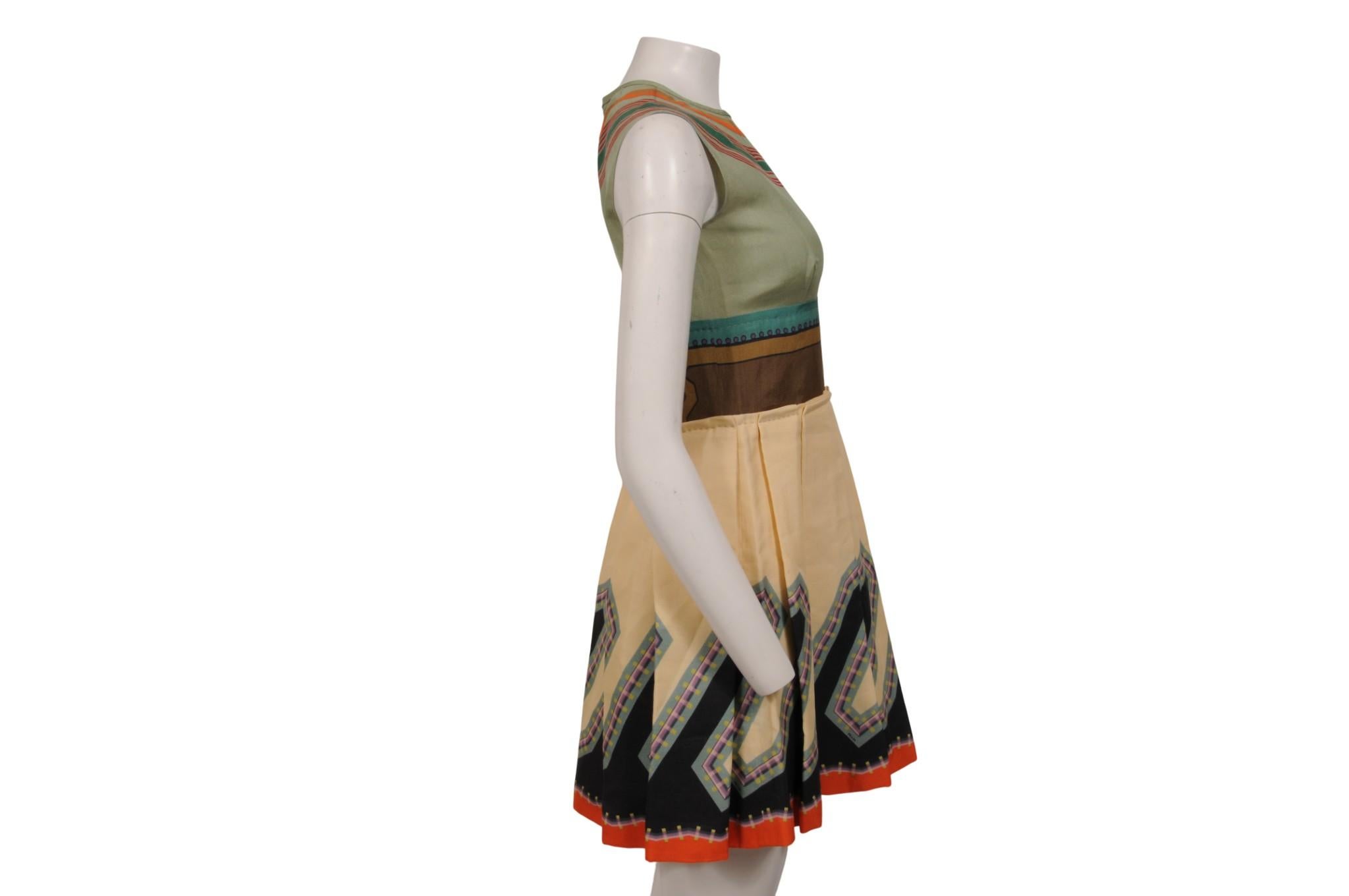 De las mujeres Prada Womens Tribal Pattern Dress Size IT 38 Pleated Silk Tan Olive Orange Black en venta
