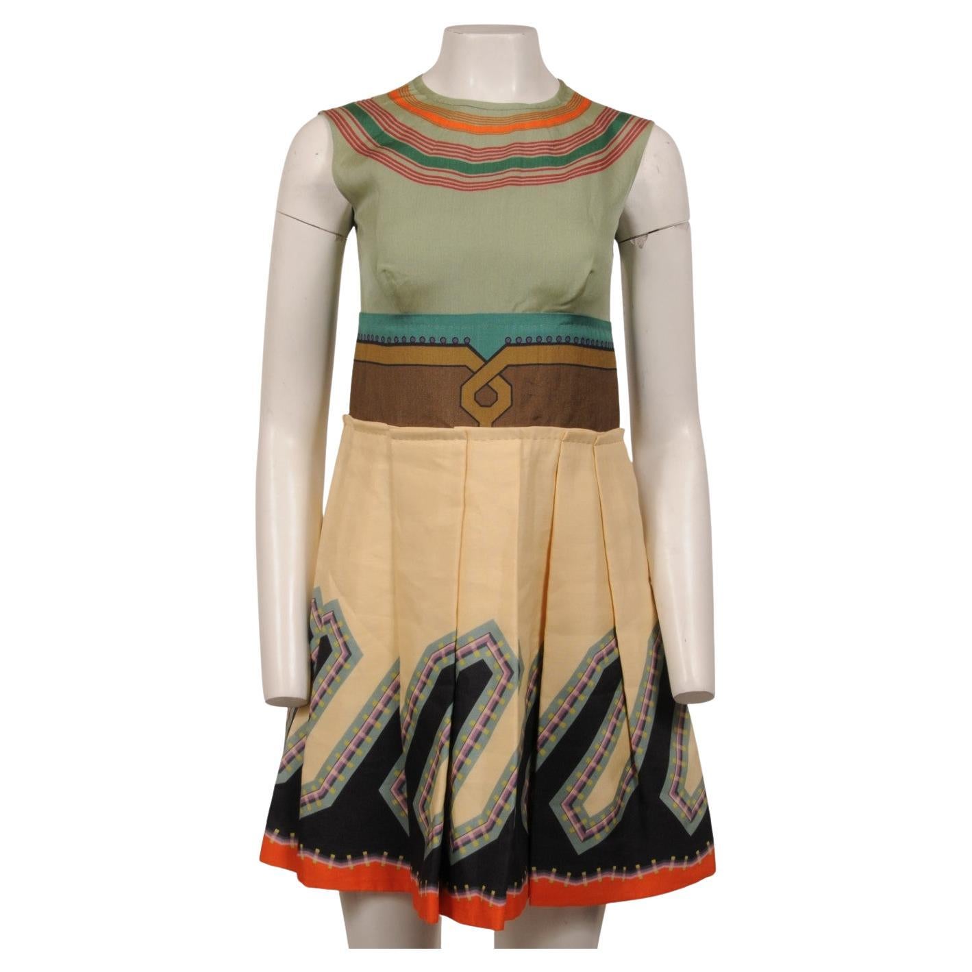 Prada Womens Tribal Pattern Dress Size IT 38 Pleated Silk Tan Olive Orange Black