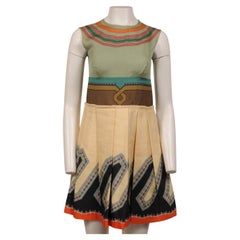 Prada Womens Tribal Pattern Dress Size IT 38 Pleated Silk Tan Olive Orange Black