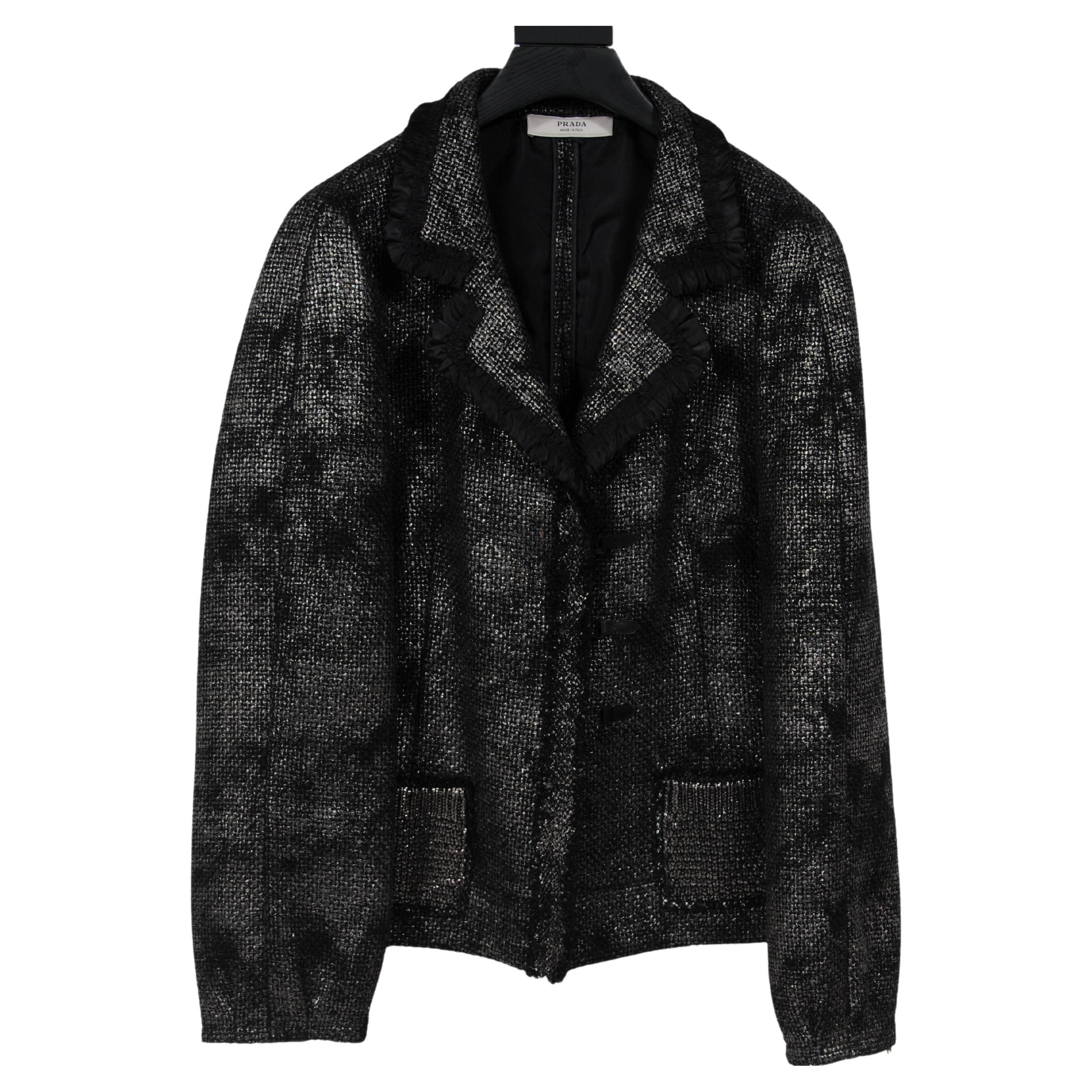 Prada Womens Vintage Blazer Size 46 Black Silver Grey Wool Tweed Jacket Coat
