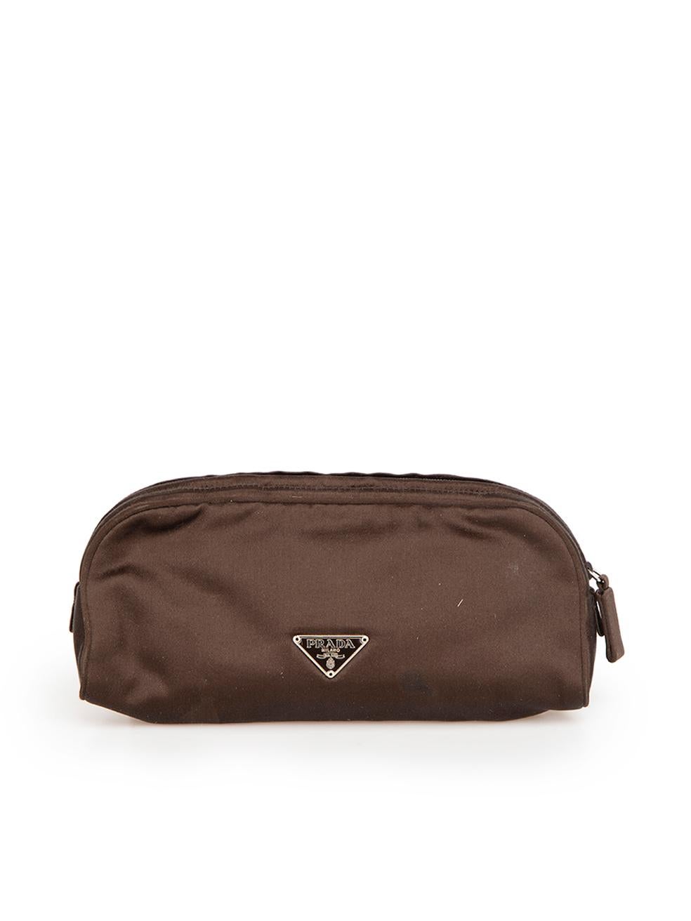 Prada Women's Vintage Brown Satin Embroidered Pouch In Good Condition For Sale In London, GB