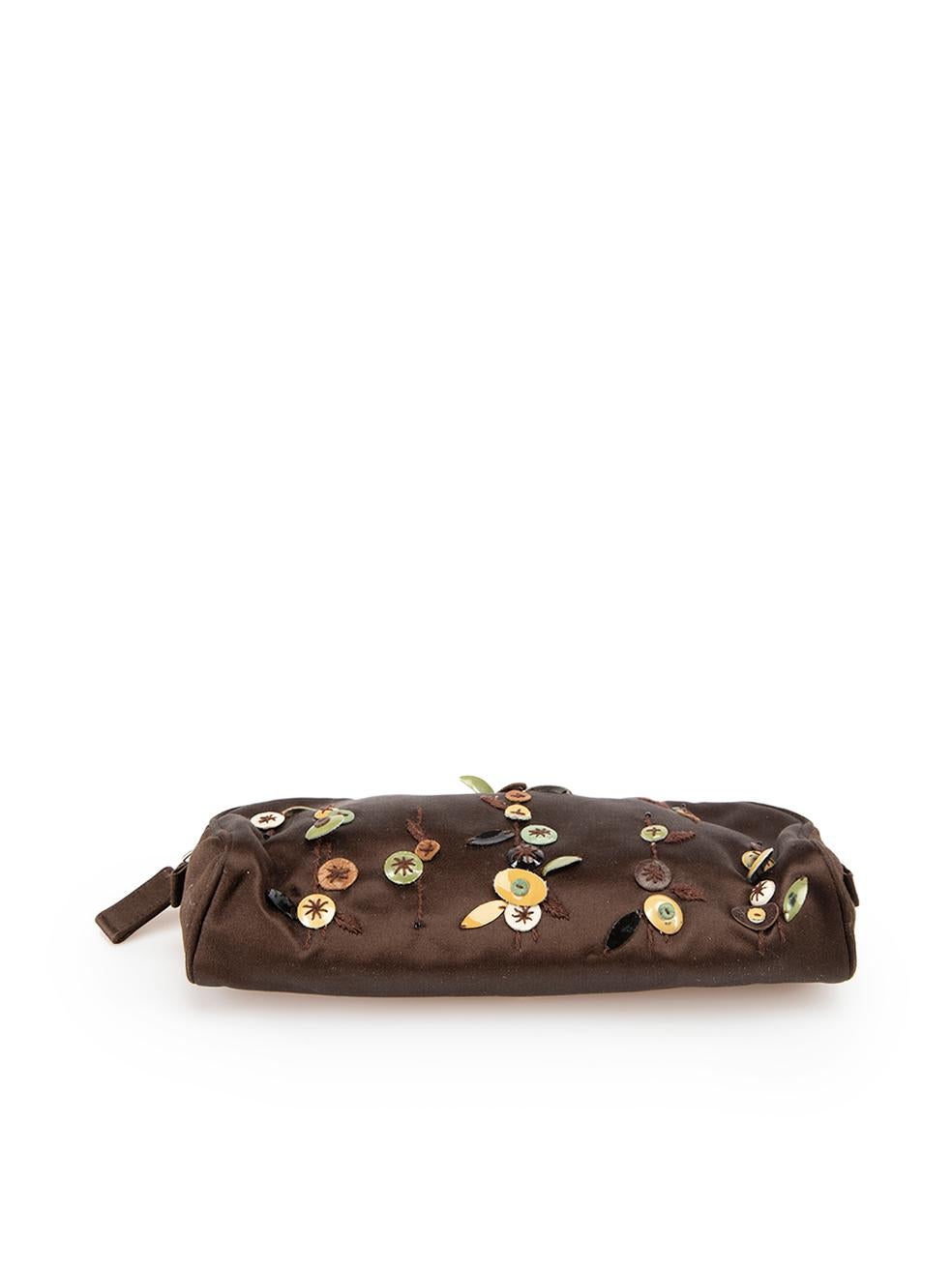 Prada Women's Vintage Brown Satin Embroidered Pouch For Sale 2