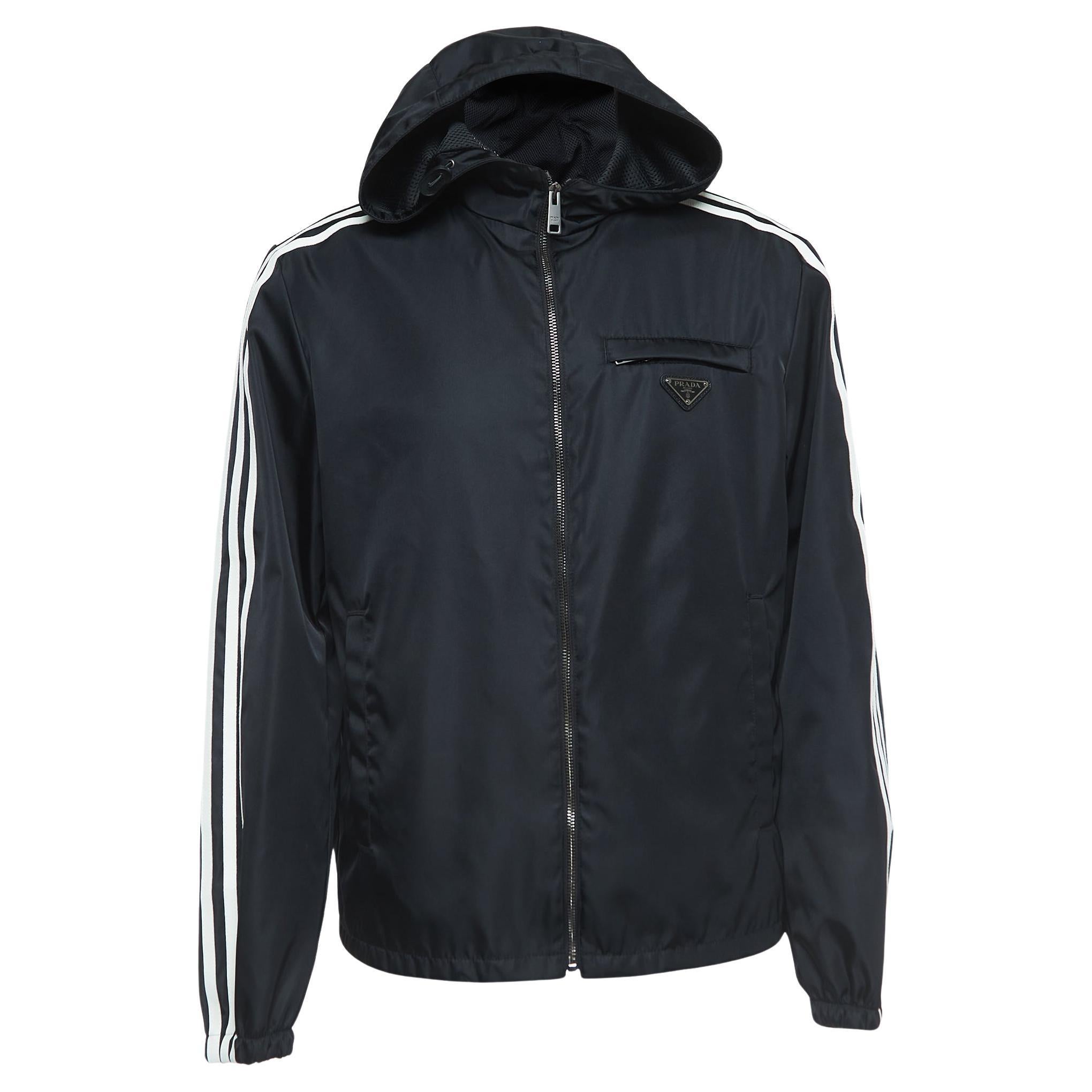 Prada X Adidas Black Re-Nylon Zip Front Hooded Jacket L