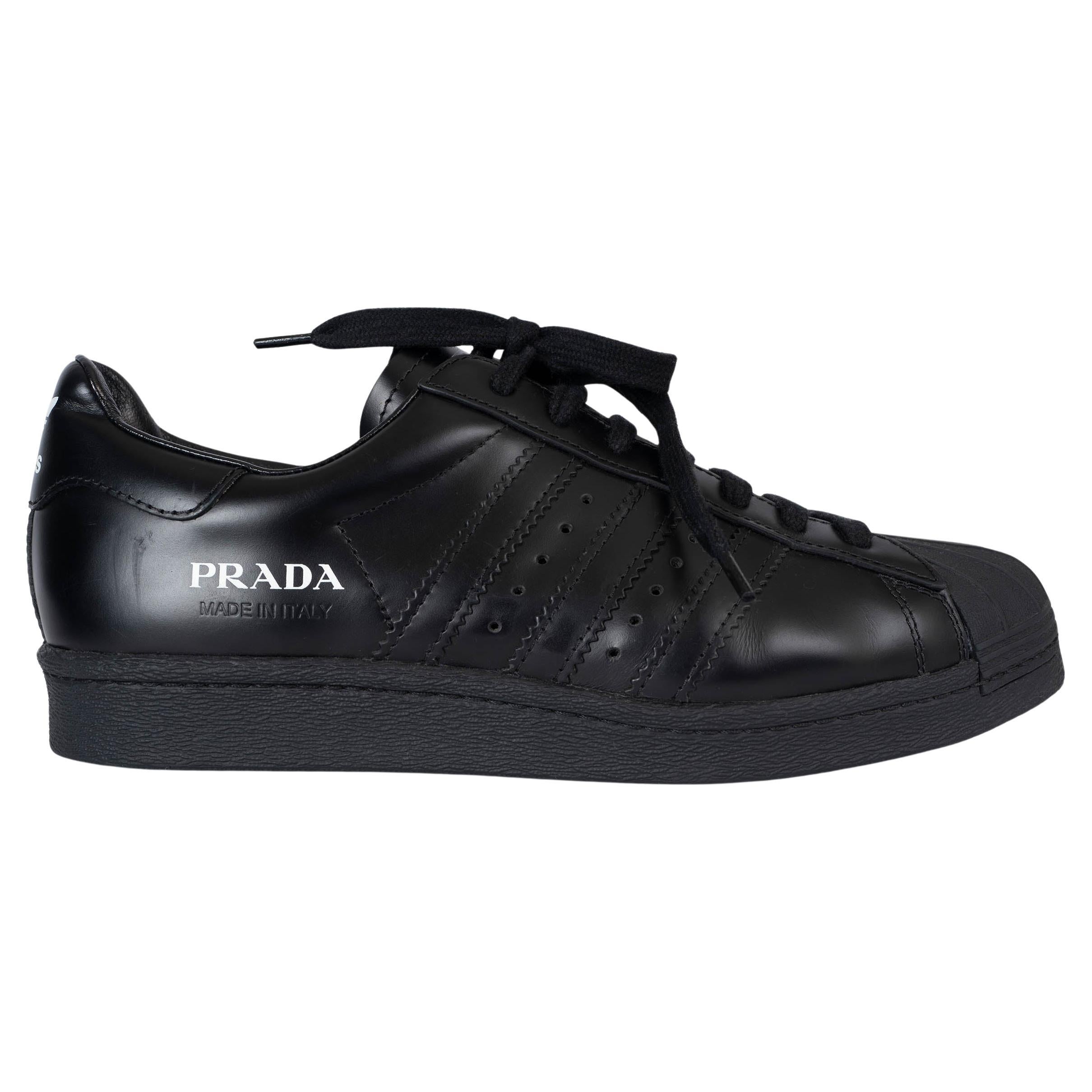 PRADA x ADIDAS Core black leather 2020 SUPERSTAR Sneakers Shoes 38.5 For Sale