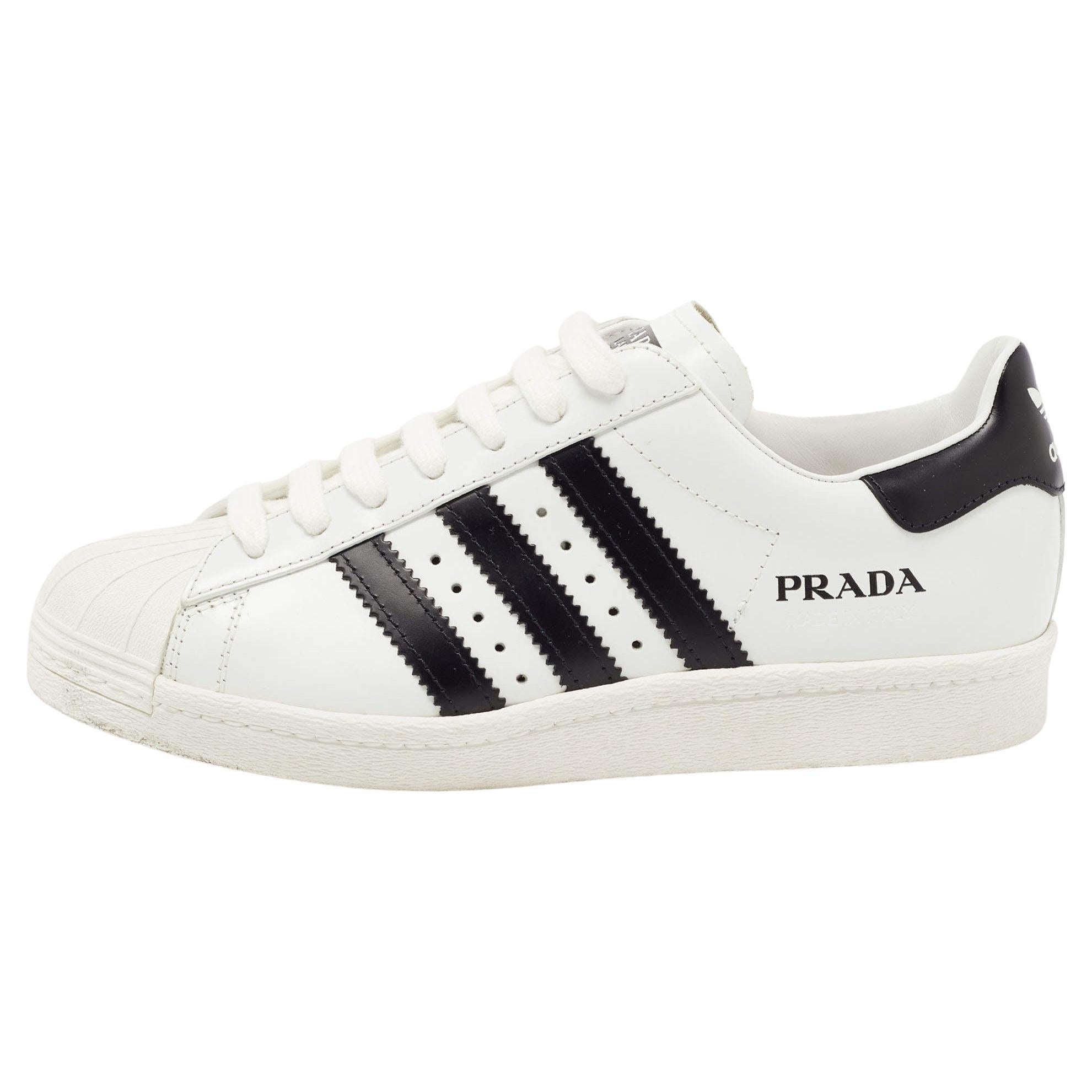 Prada x Adidas White/Black Leather Superstar Sneakers Size 37 1/3 For Sale  at 1stDibs