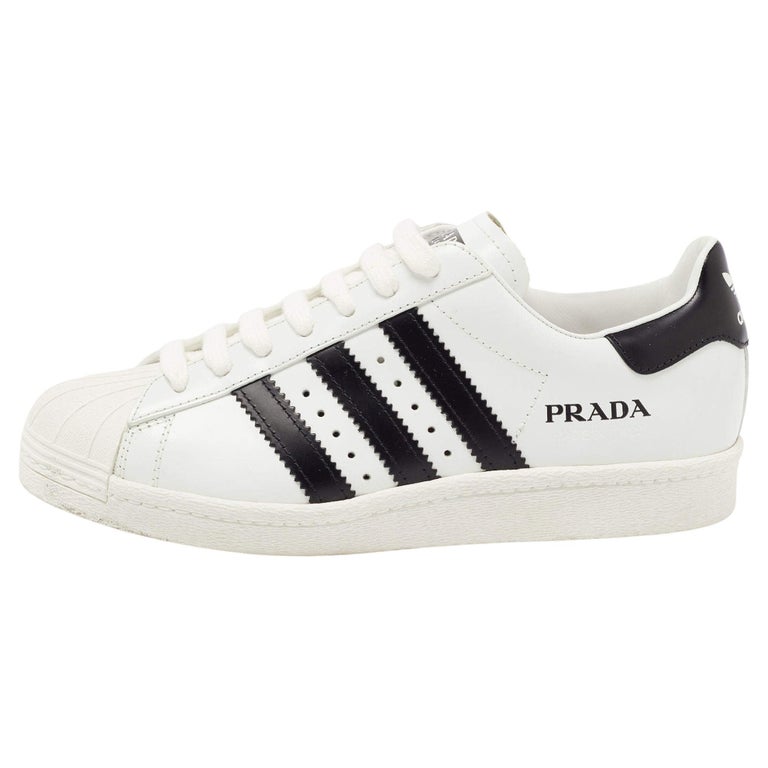 Lectura cuidadosa Retocar Pescador Prada x Adidas White/Black Leather Superstar Sneakers Size 37 1/3 For Sale  at 1stDibs