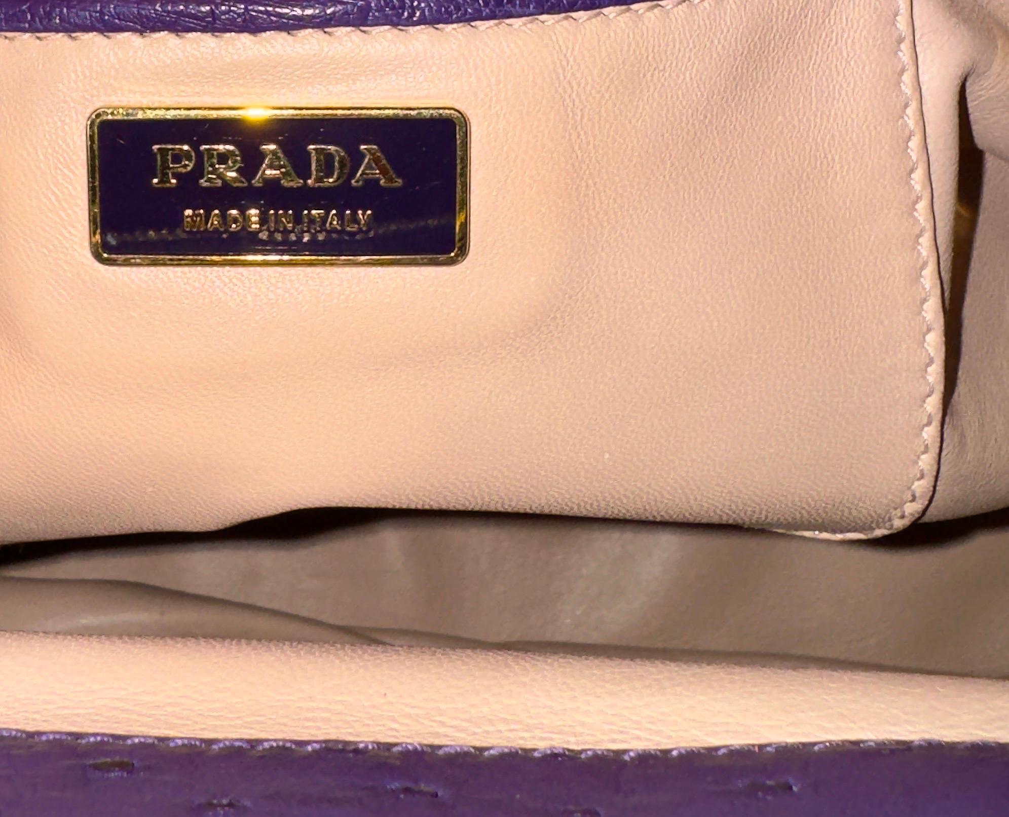 Rare PRADA XL Exotic Purple Ostrich Skin Leather Top Handle Tote Bag For Sale 9