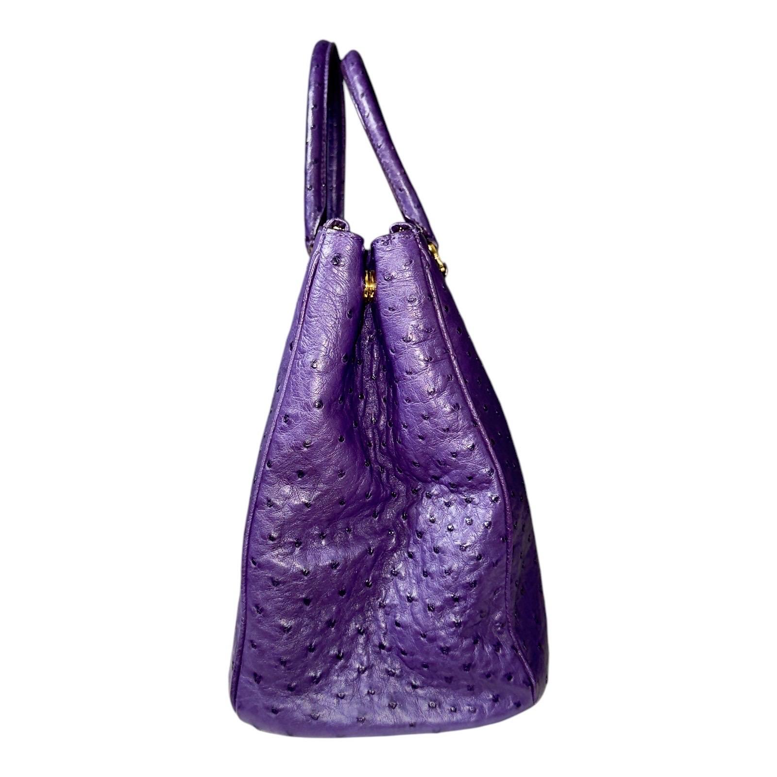 Women's Rare PRADA XL Exotic Purple Ostrich Skin Leather Top Handle Tote Bag For Sale