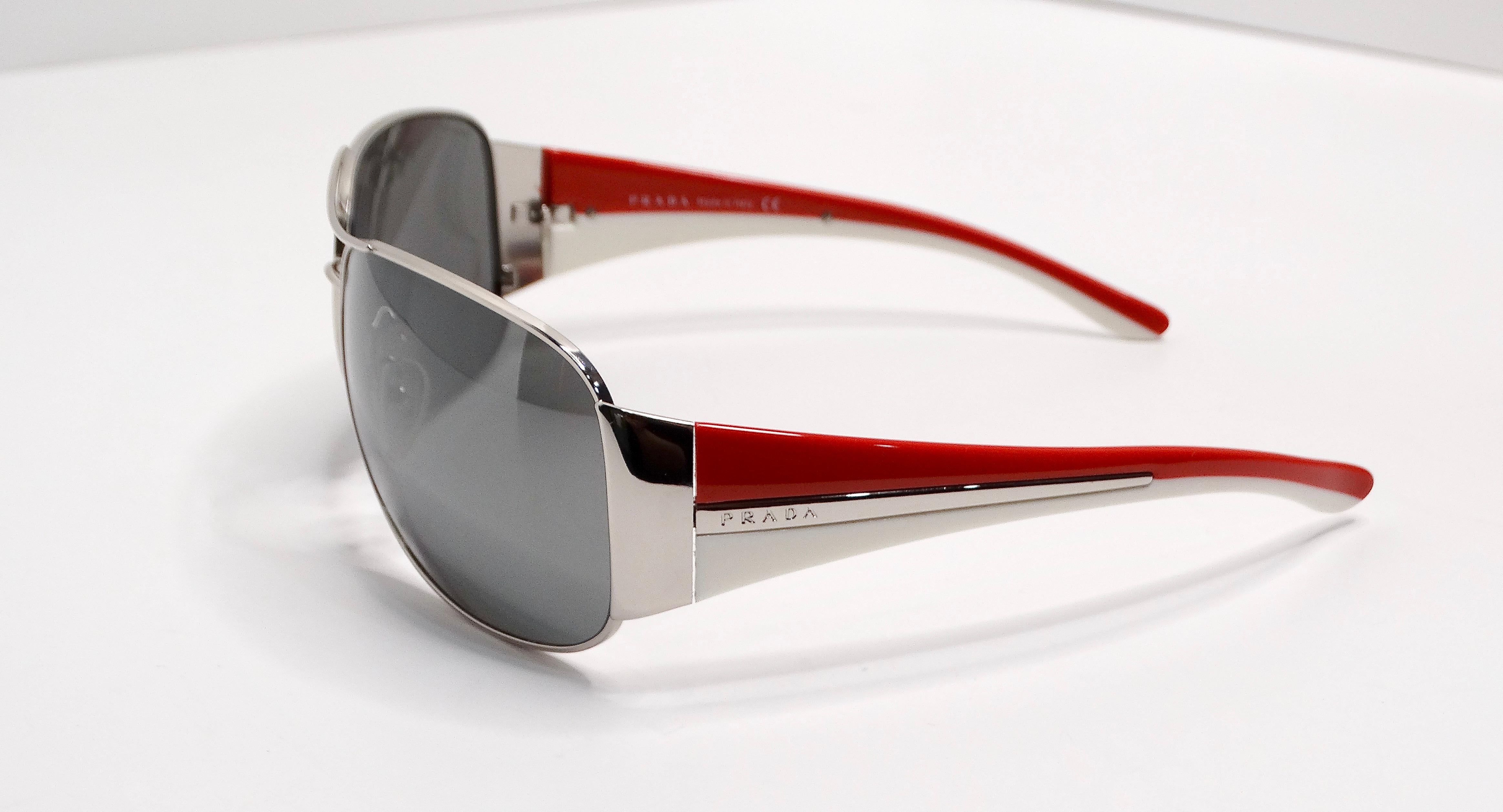 Gray Prada Y2K Sport Aviator Mirrored Red & White Sunglasses For Sale