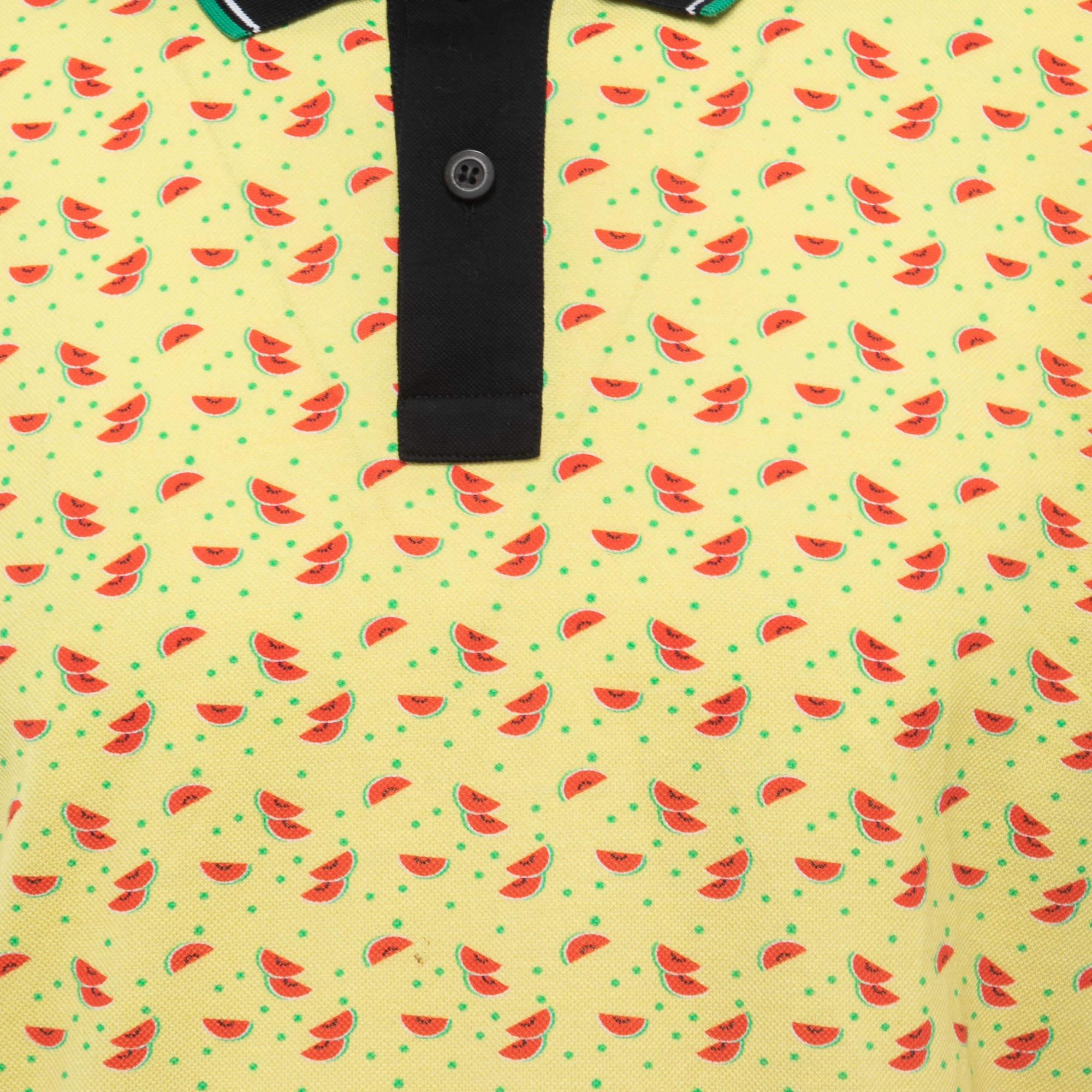 Prada Yellow All-Over Watermelon Print Cotton Pique Polo T-Shirt L 1