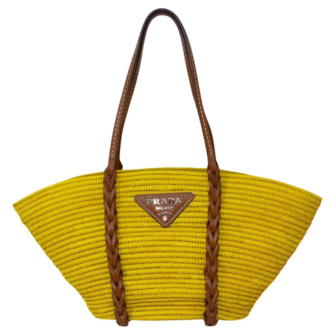 Prada Yellow Basket Weave Tote For Sale