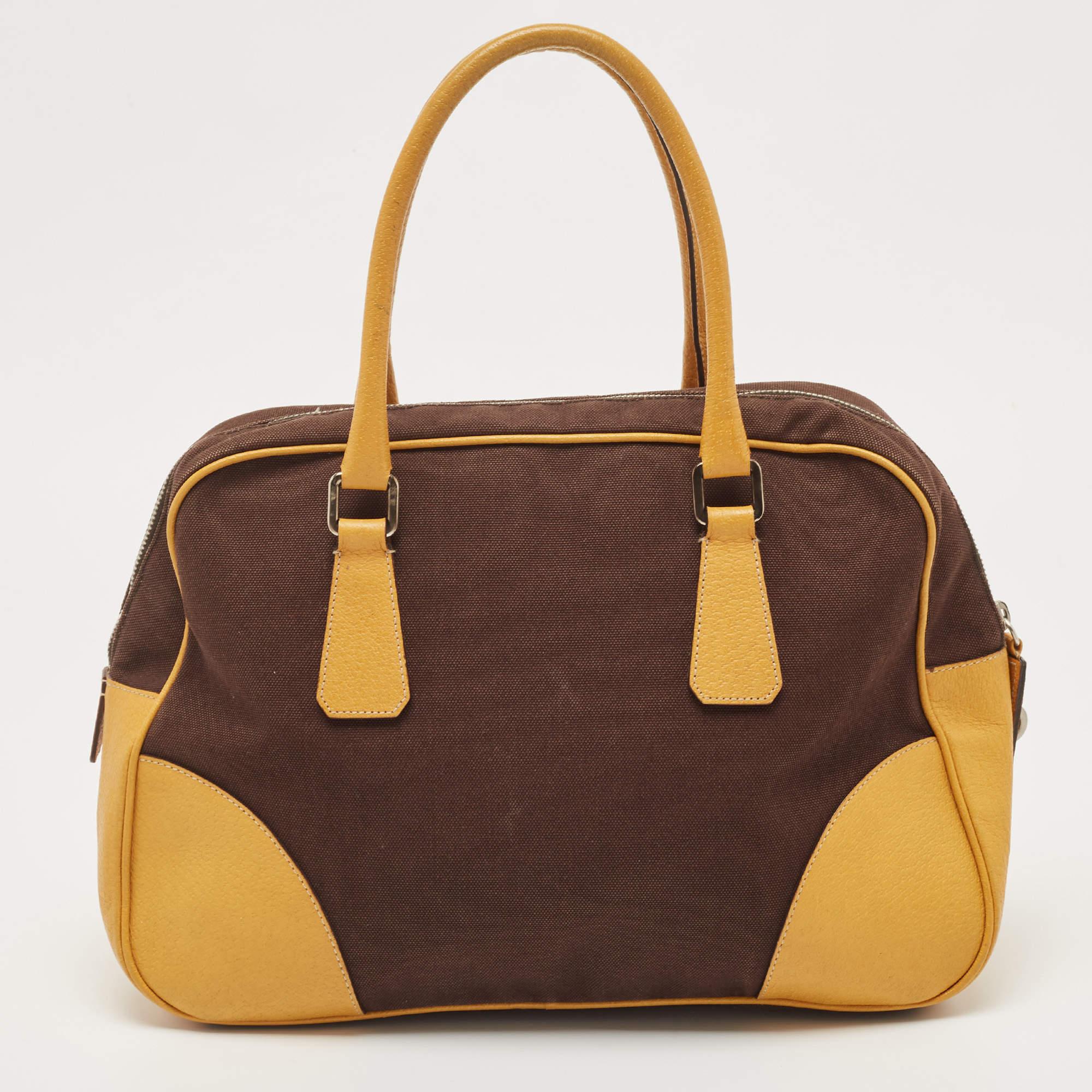 Prada Yellow/Brown Canvas and Leather Boston Bag In Good Condition In Dubai, Al Qouz 2
