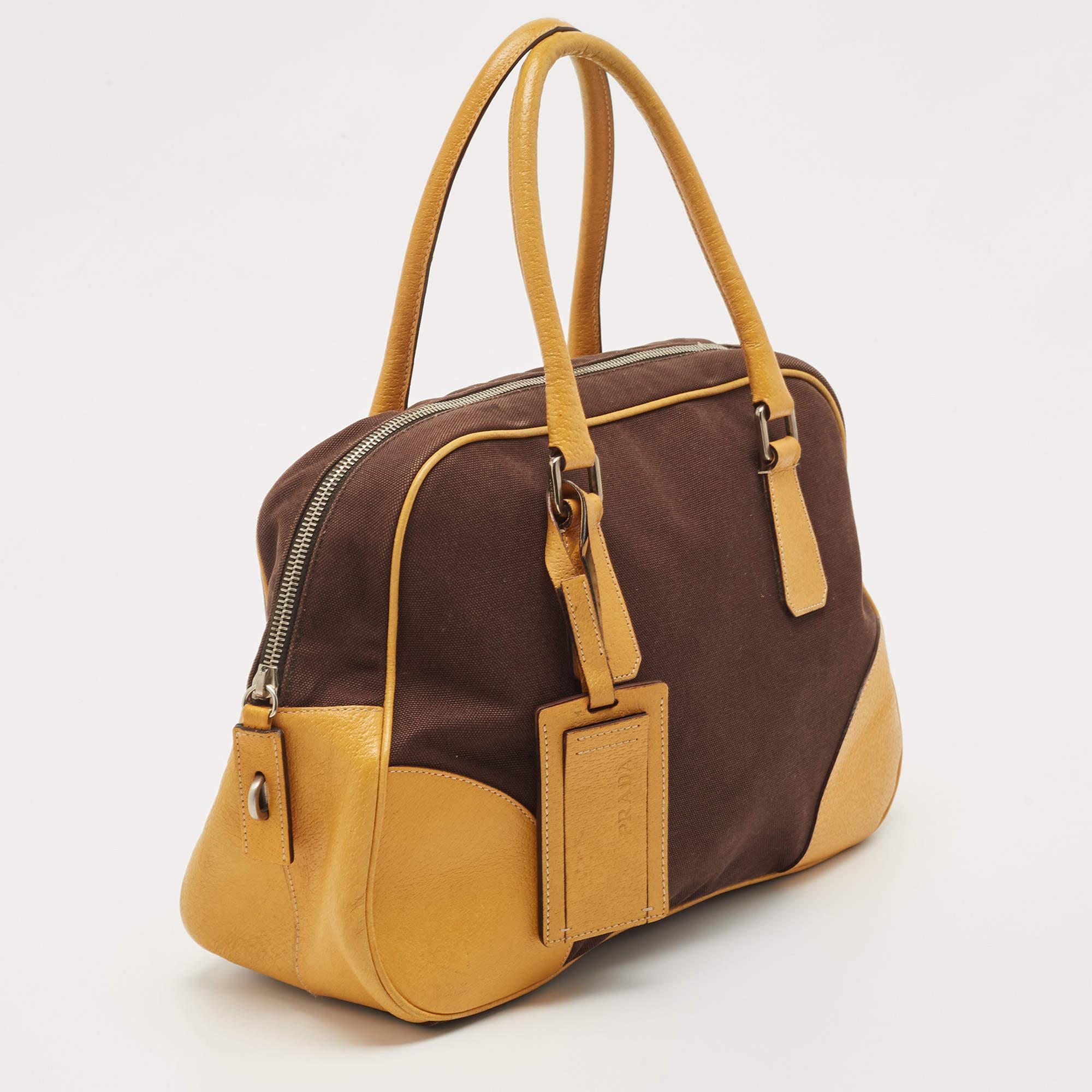 Women's Prada Yellow/Brown Canvas and Leather Boston Bag