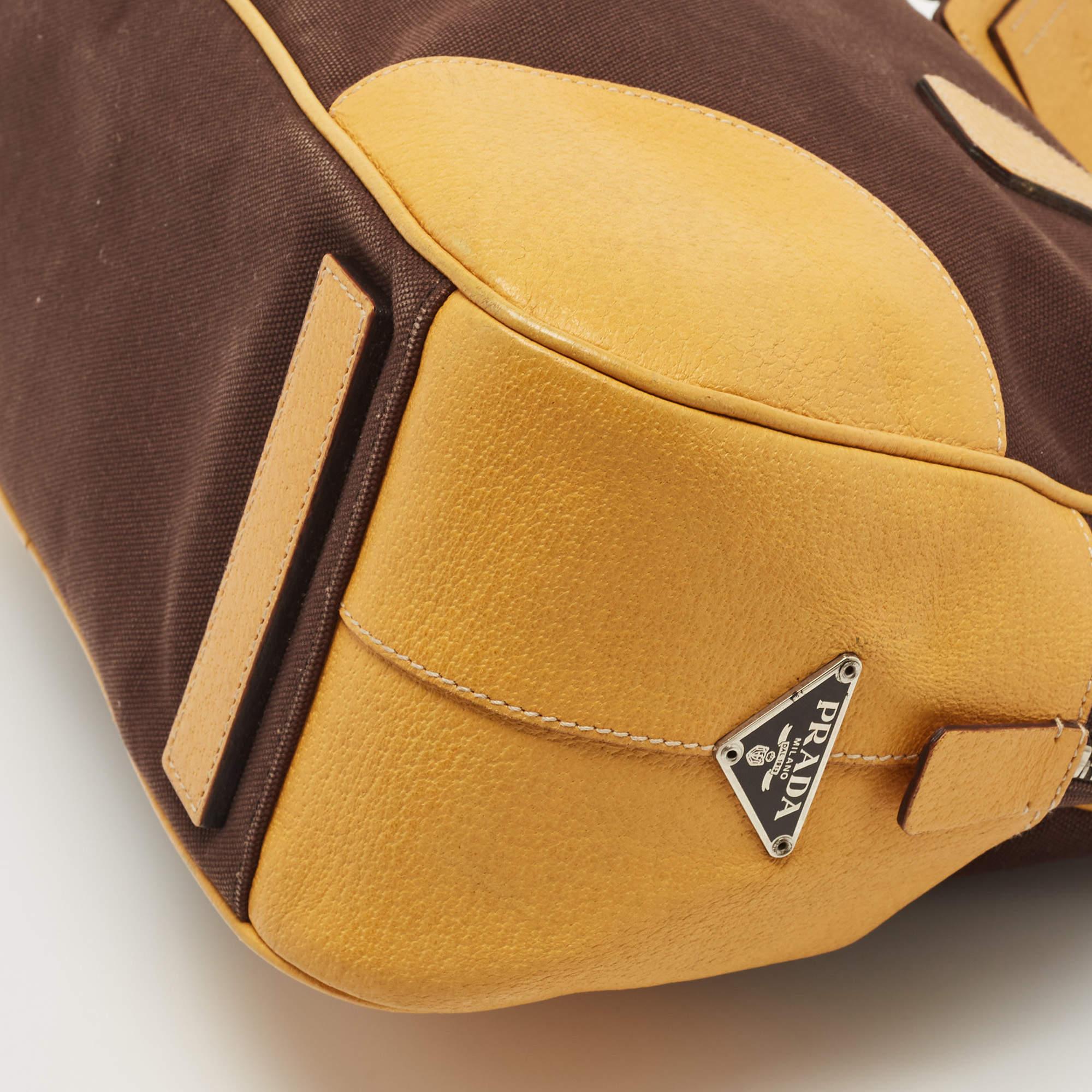 Prada Yellow/Brown Canvas and Leather Boston Bag 3