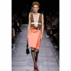 Prada Yellow Brown Print Knit Button Detail Plunge Neck Bodysuit Runway, 2019