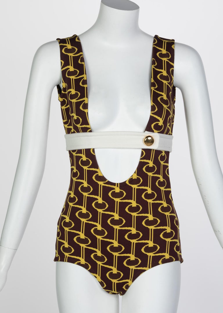 Prada Yellow Brown Print Knit Button Detail Plunge Neck Bodysuit Runway,  2019 For Sale at 1stDibs