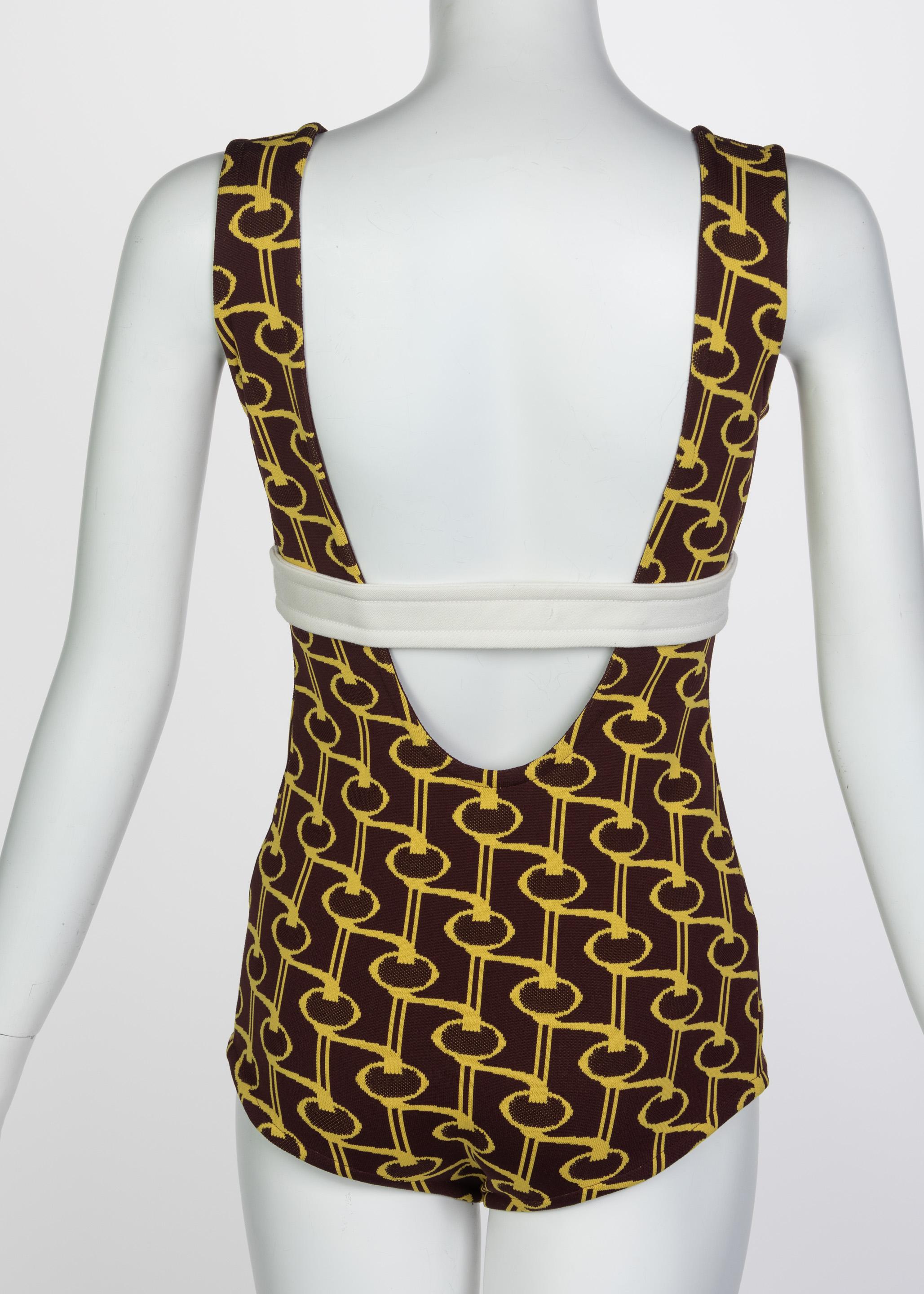Black Prada Yellow Brown Print Knit Button Detail Plunge Neck Bodysuit Runway, 2019 For Sale