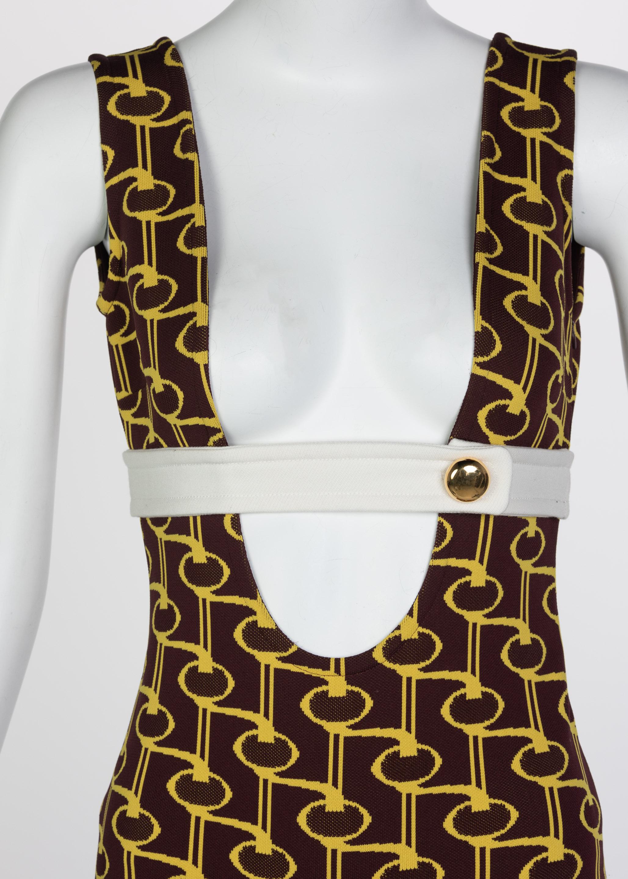 Prada Yellow Brown Print Knit Button Detail Plunge Neck Bodysuit Runway, 2019 In Excellent Condition For Sale In Boca Raton, FL