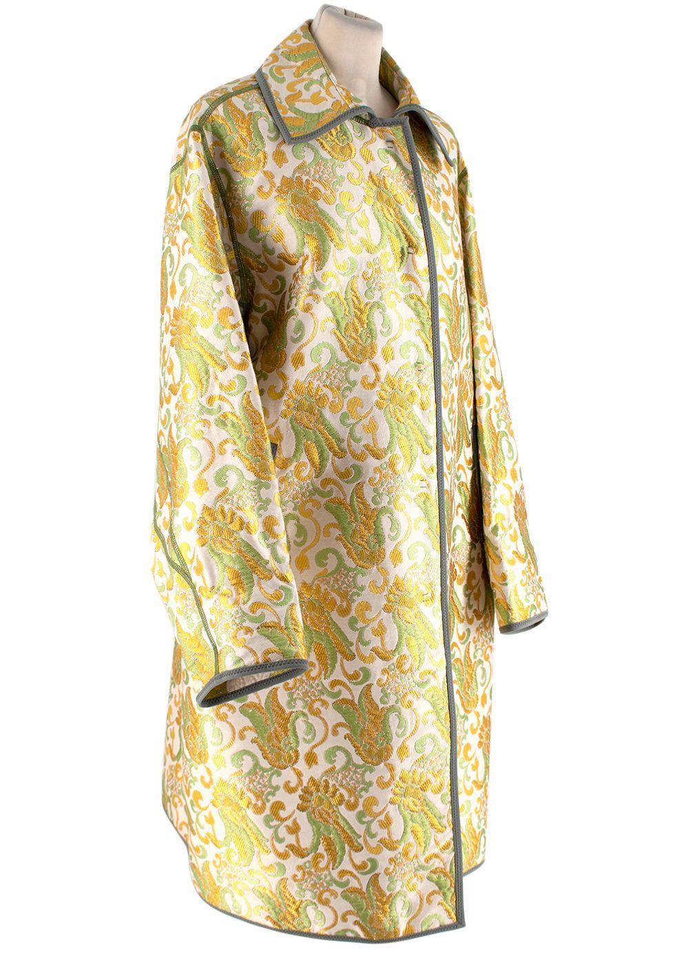 Prada Yellow & Green Damask Jacquard Coat

- Vibrant damask cloth in spring-like yellow and green hues, with a subtle metallic thread running through
- Contrast bound edges
- Classic point collar, concealed popper fastening
- 2 inset hip pockets
-