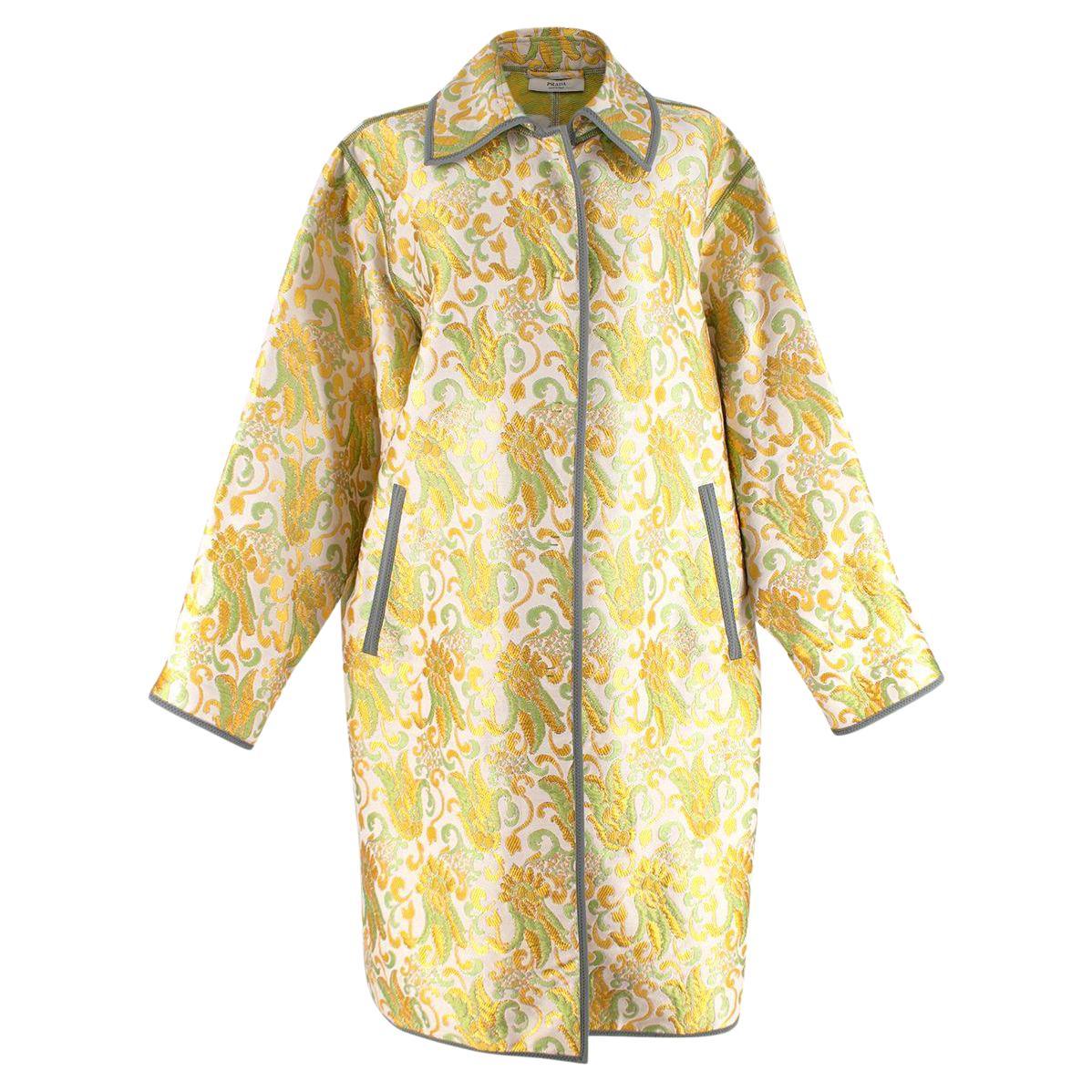 Prada Yellow & Green Brocade Jacquard Coat - US 6