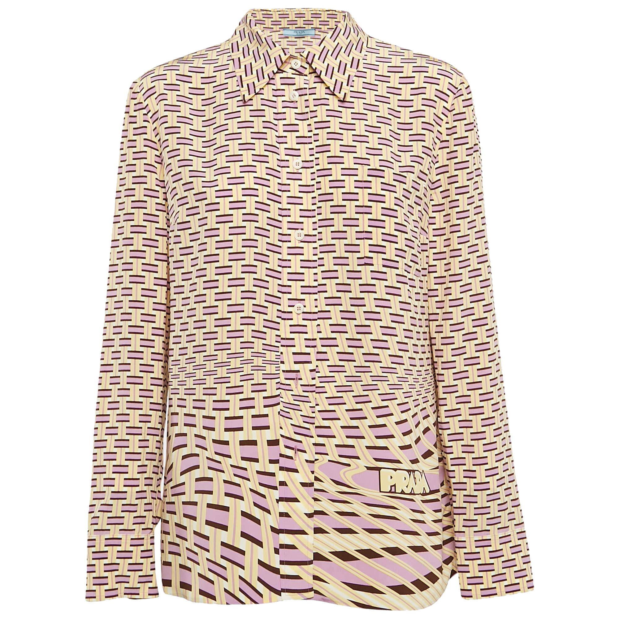 Prada Yellow/Lavender Abstarct Print Silk Long Sleeve Shirt M