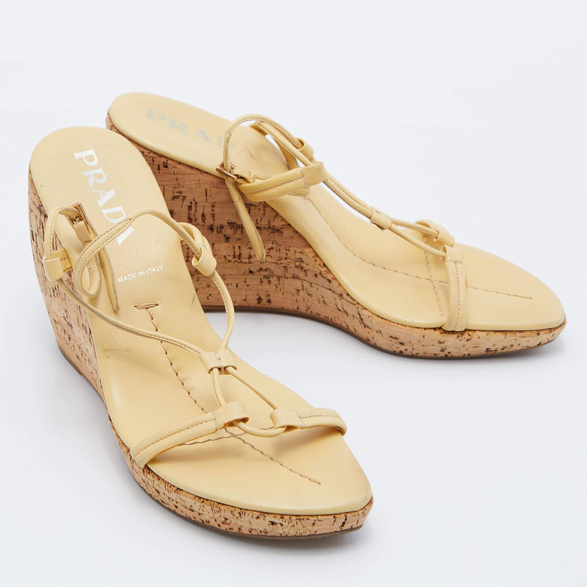 Prada Yellow Leather Ankle Strap Wedge Sandals Size 39 For Sale 1