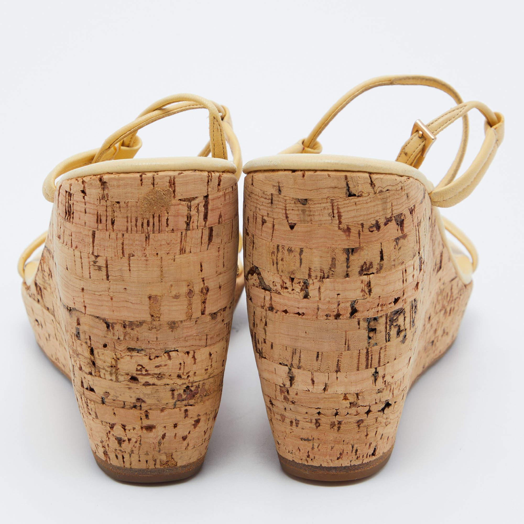 Prada Yellow Leather Ankle Strap Wedge Sandals Size 39 For Sale 2