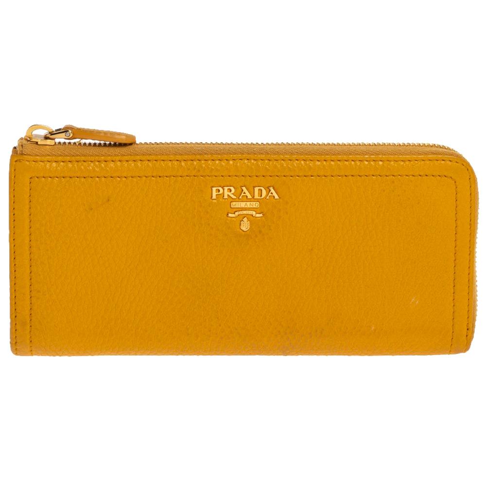 Prada Yellow Leather Zip Around Wallet