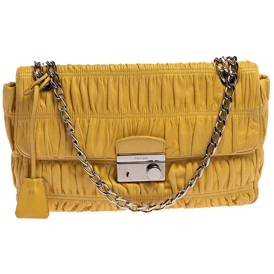 Prada Yellow Nappa Gaufre Leather Chain Flap Shoulder Bag